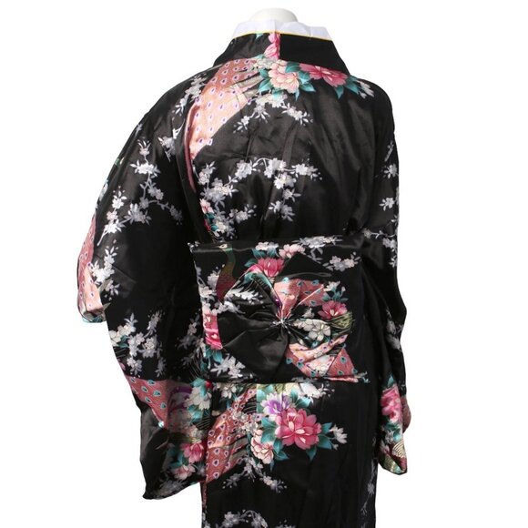 Satin Kimono Floral Japanese Style Dress Flower Peacock Belt Black Pink Blue NEW - Picture 6 of 14